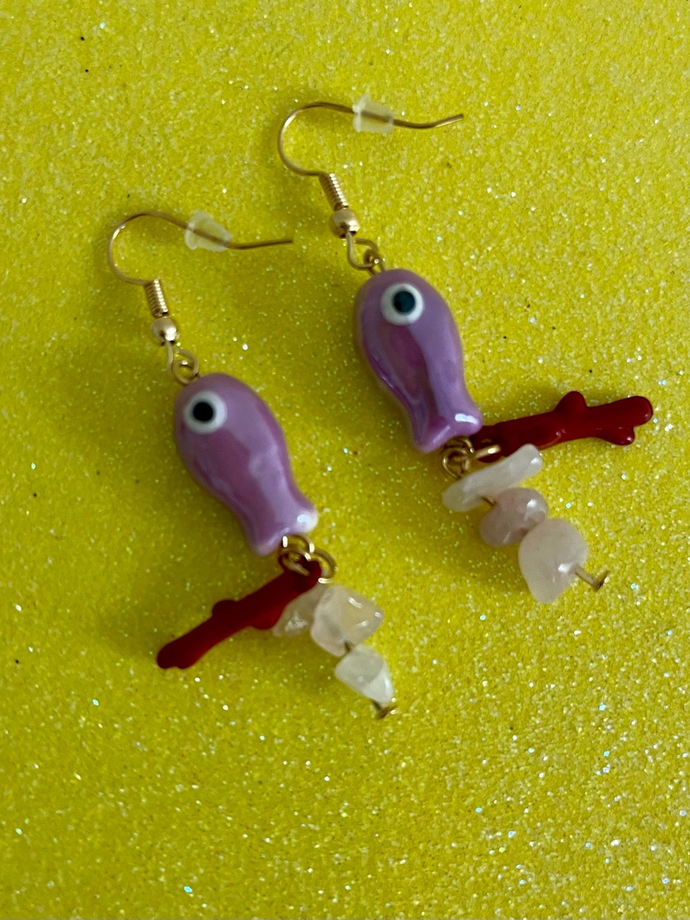 Purple Fish Dangle Earrings with Red Coral Accent